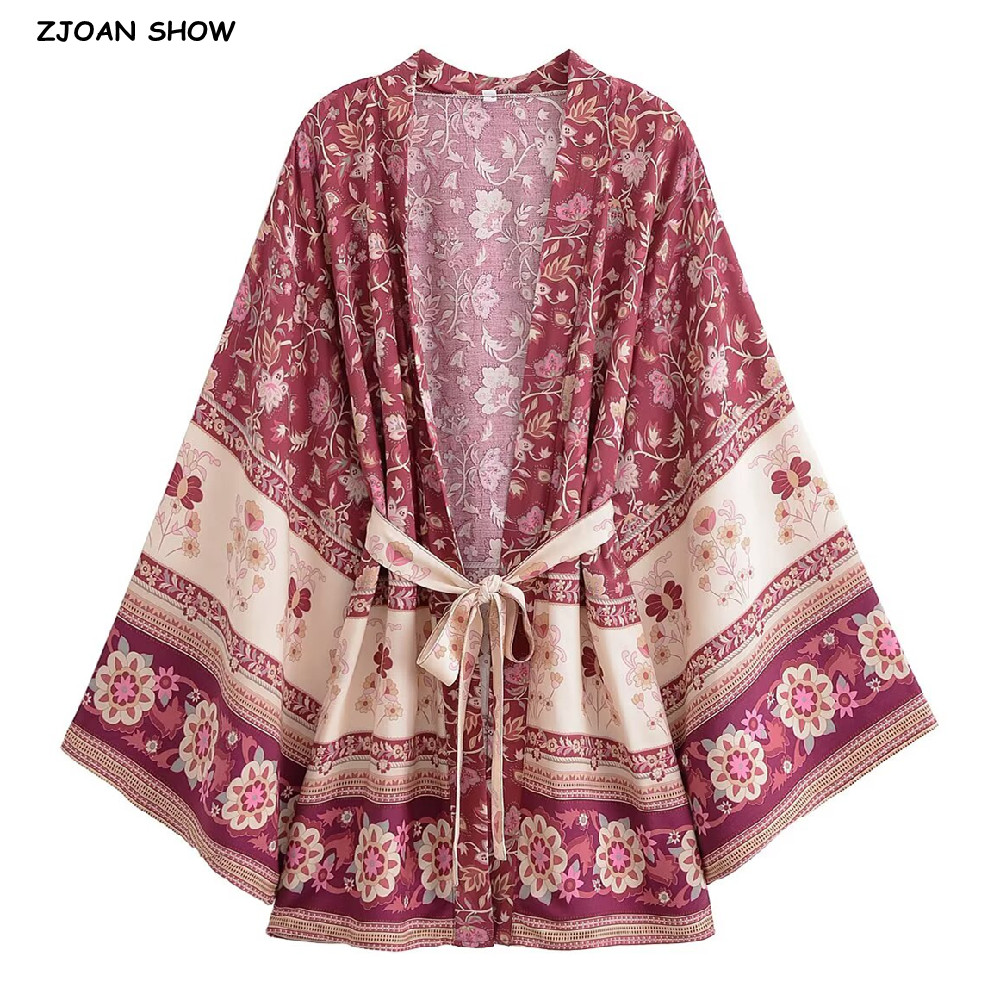 Kimono Cardigan Women - 2022 BOHO Women Contrast Flower Print