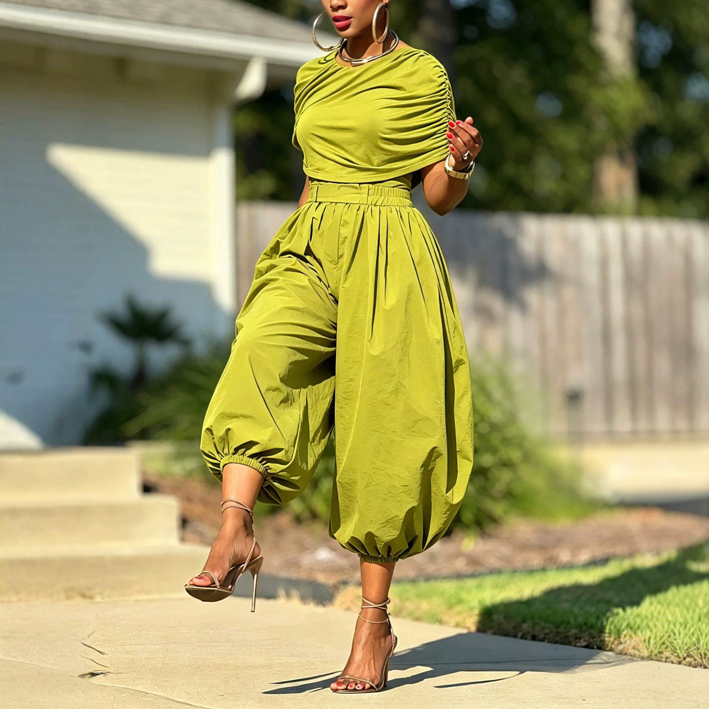 Two Piece Matching Set Ruched  - огляд і ціна Wide Leg Palazzo Pants